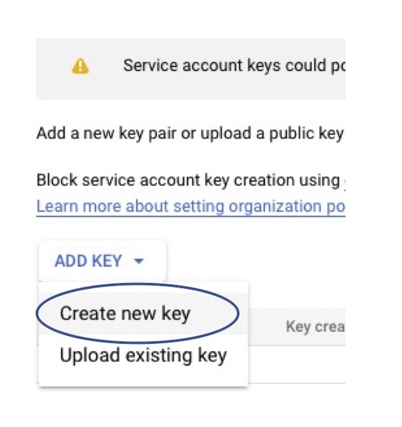 Adding service account key screenshot