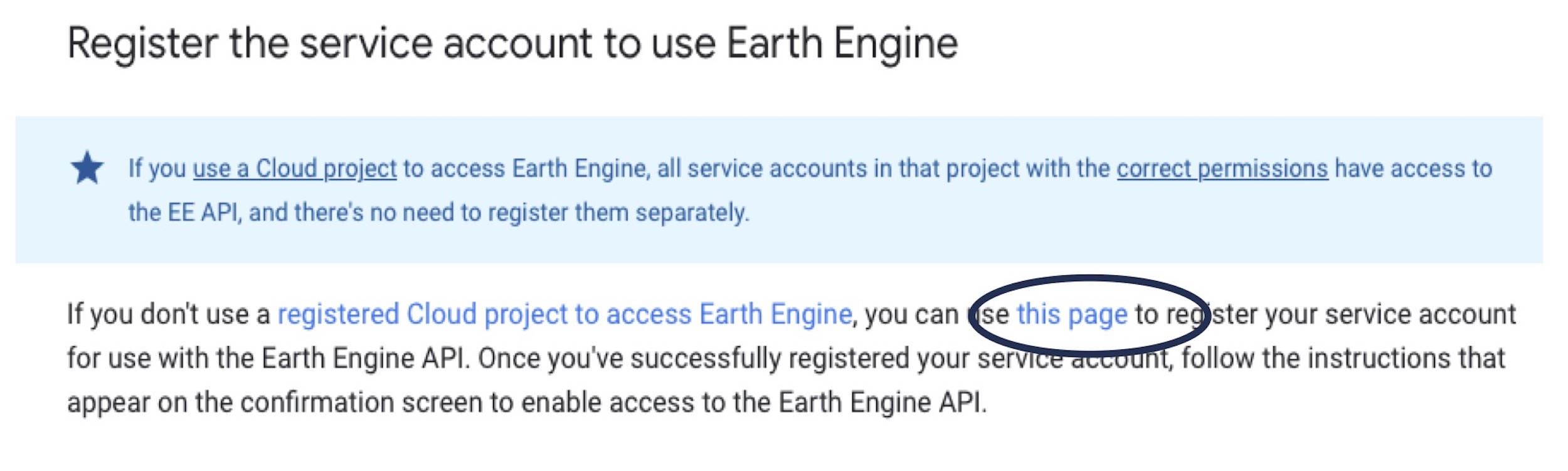 Register service account EE screenshot
