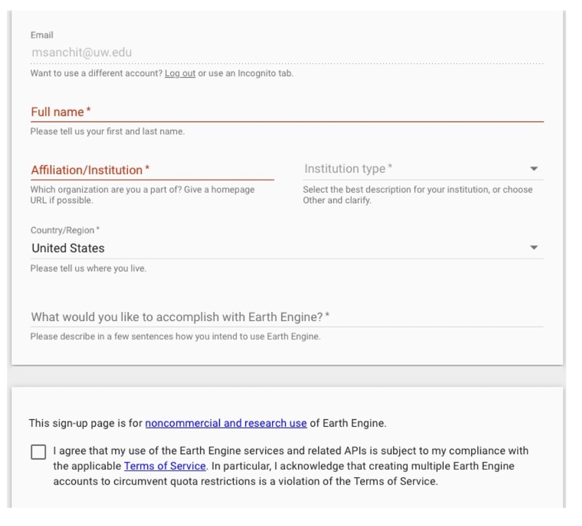 Registering user account EE form screenshot