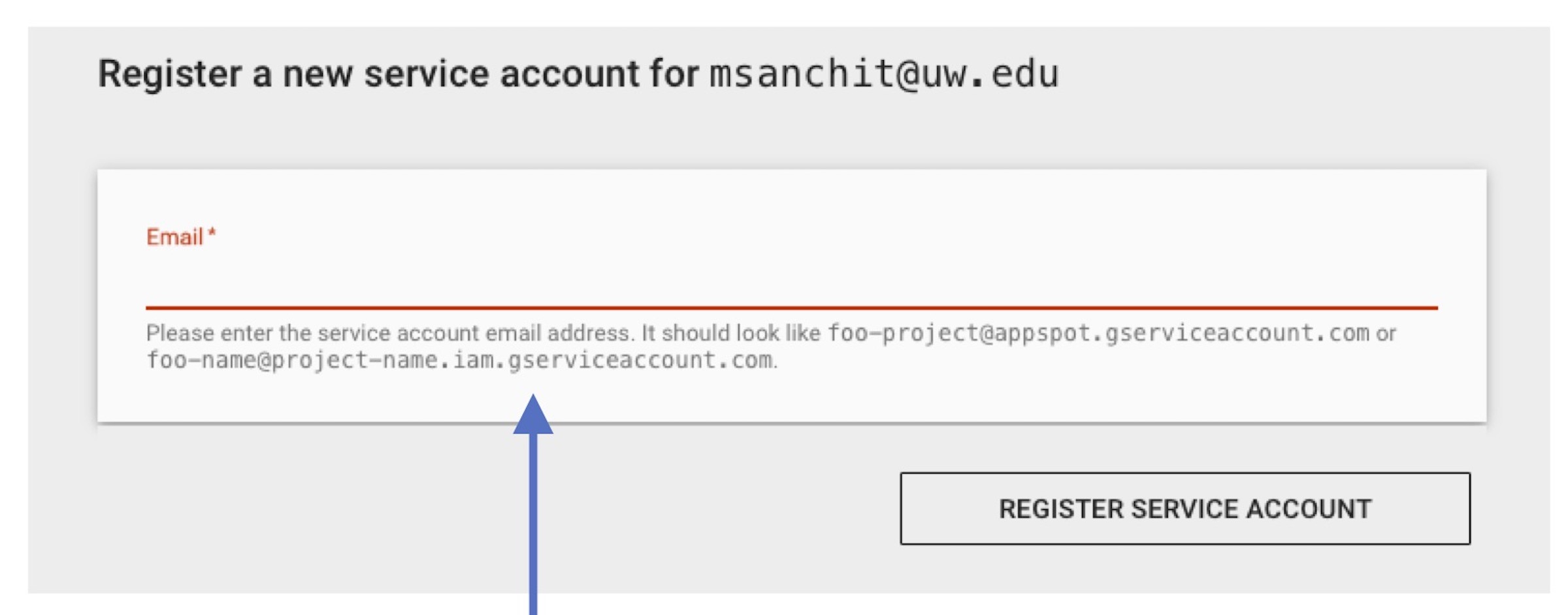 Registering service account EE  screenshot