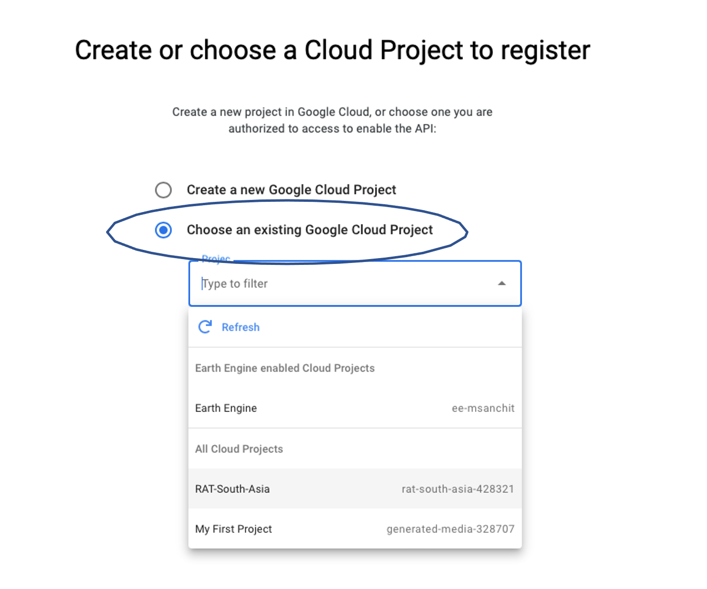 Register google account EE screenshot