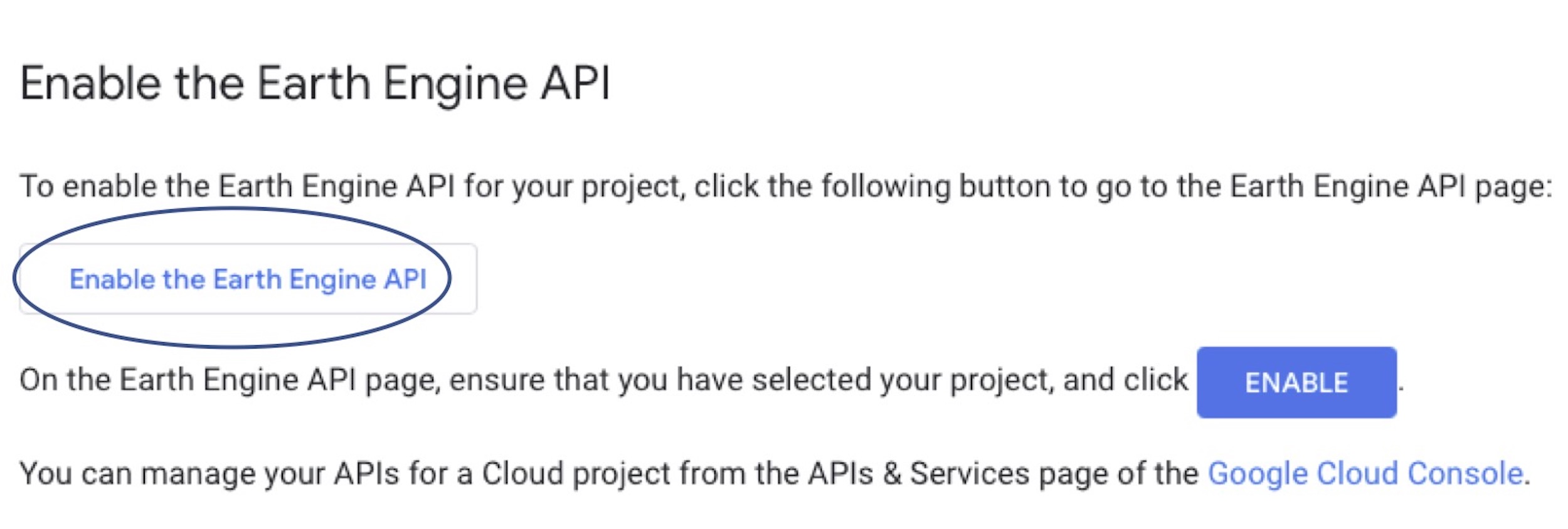 Enable EE API page screenshot