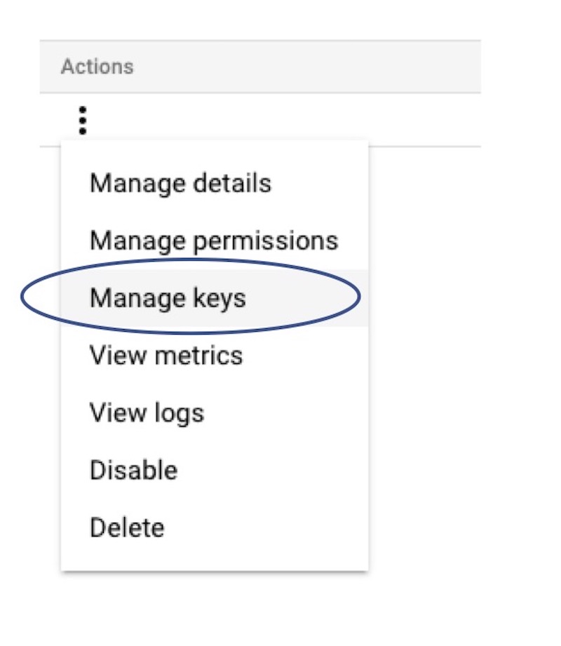 managing service account key screenshot