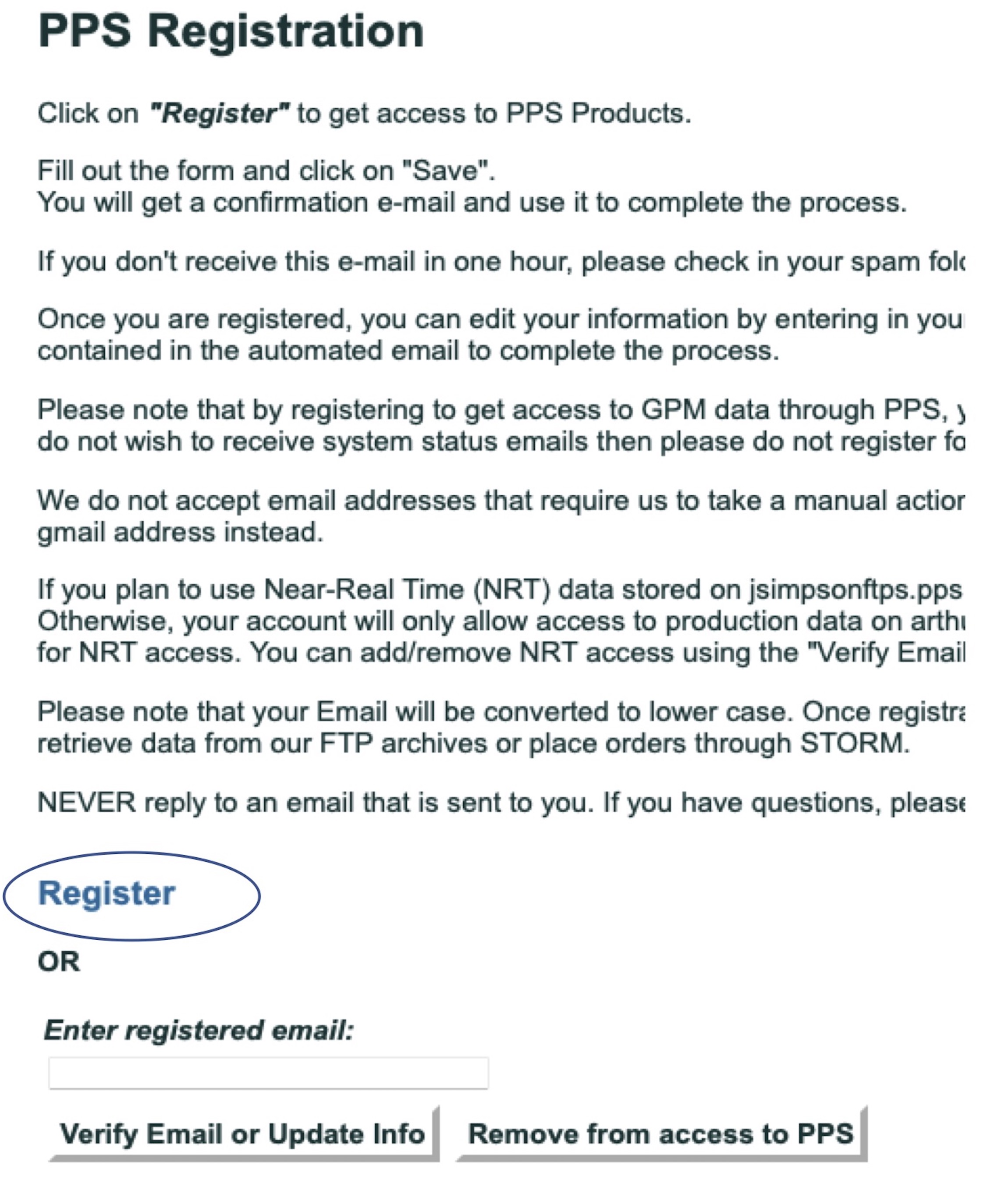 Registration page for IMERG Product