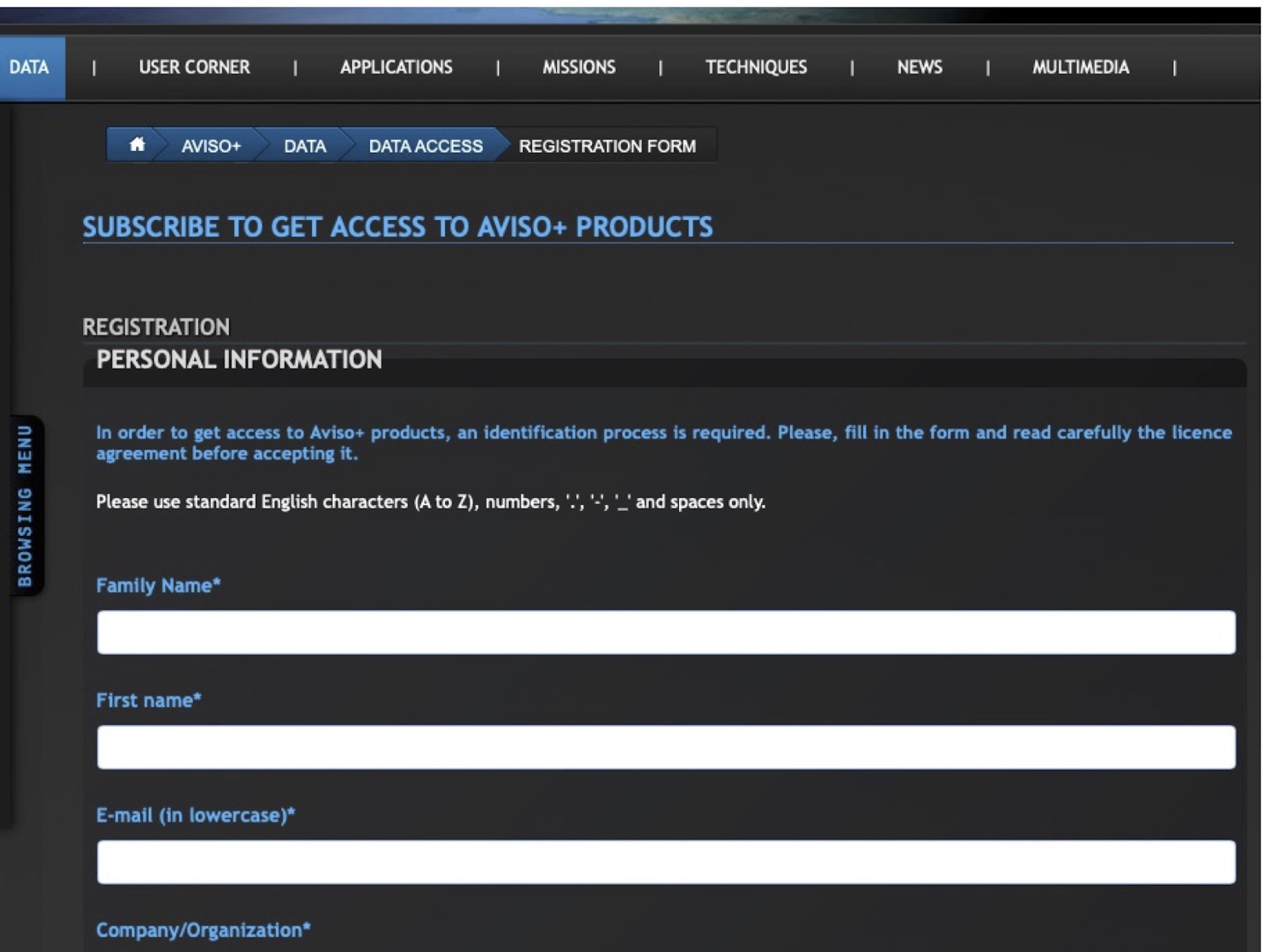 Registration form for AVISO Products