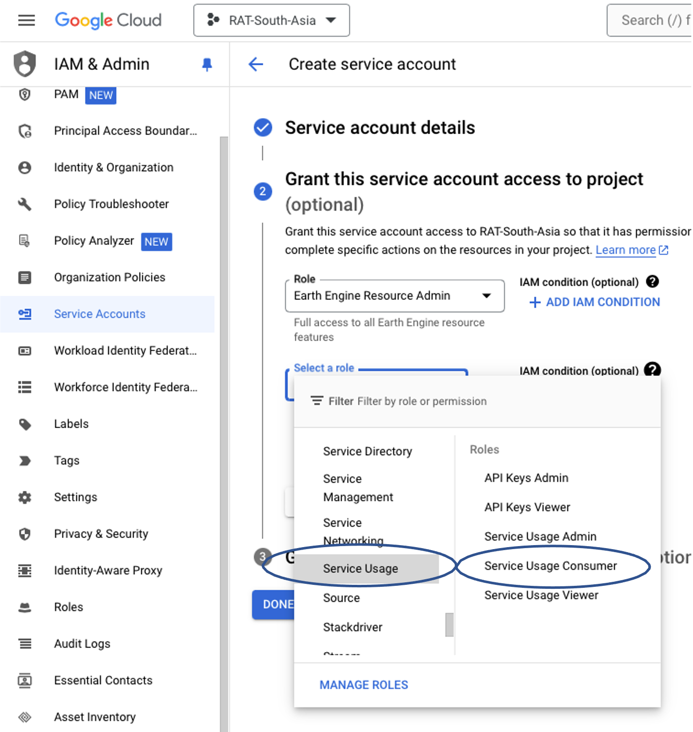 Service Account role screenshot