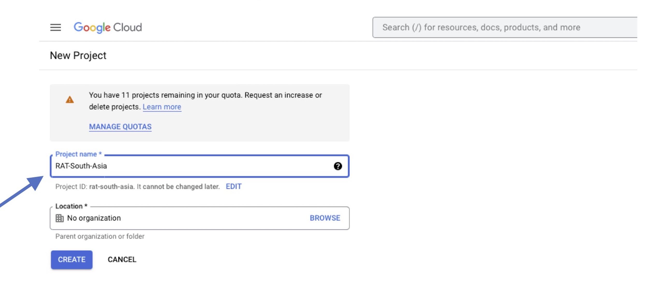 Enter project details page screenshot