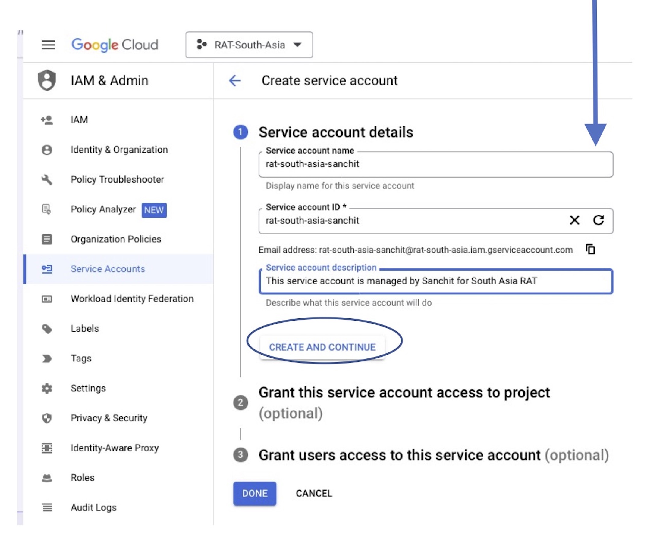 Service Account description screenshot