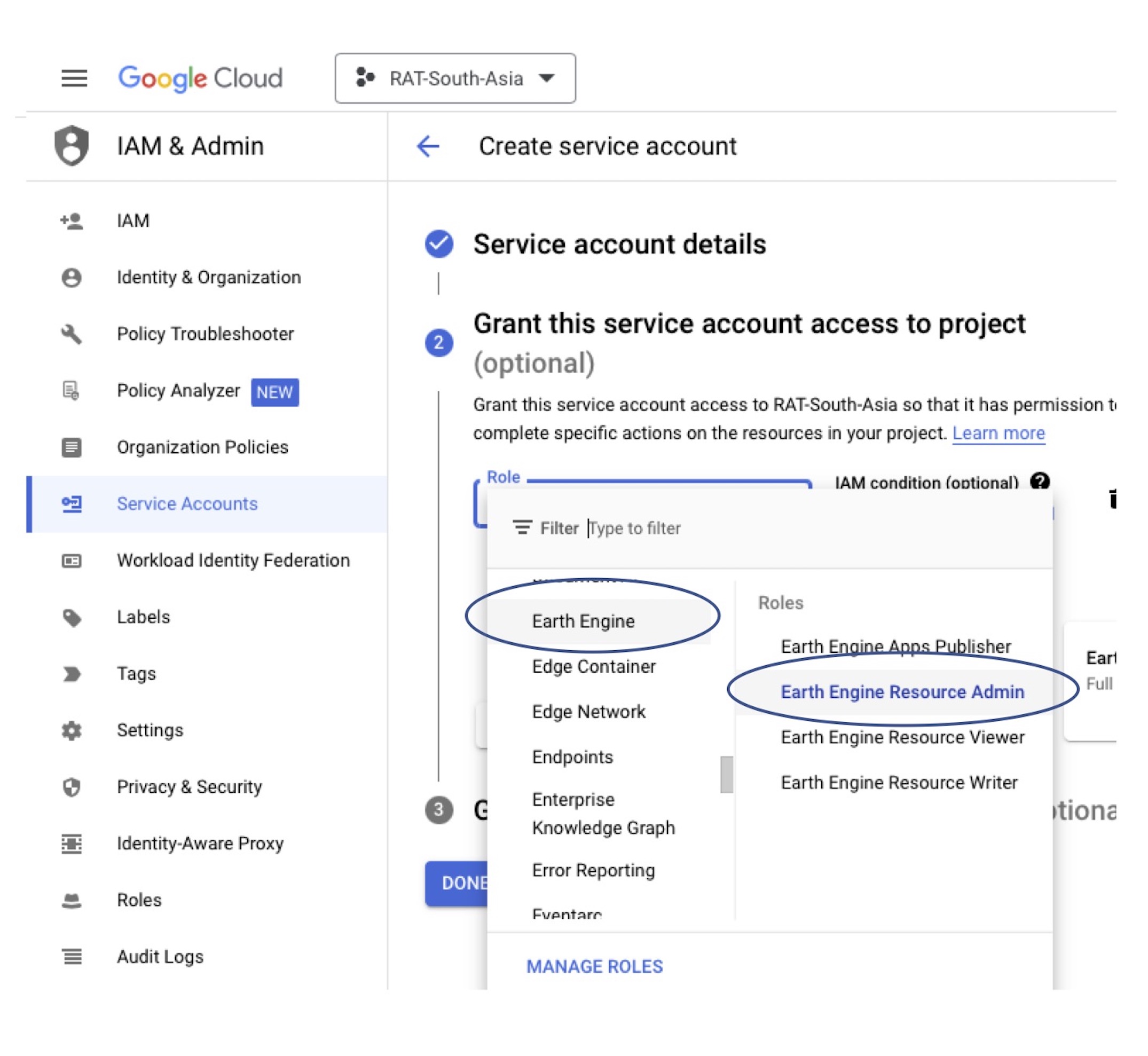 Service Account role screenshot